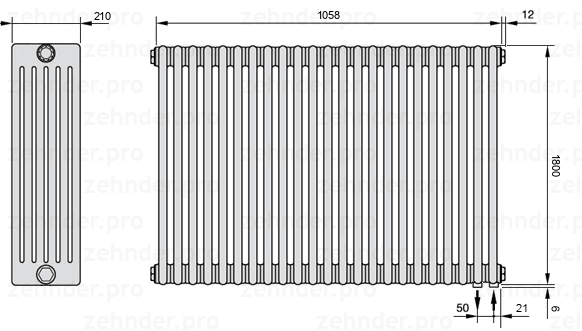 Схема (чертеж) Радиатор Zehnder Charleston 6180/23 №5510 Белый глянцевый RAL 9016